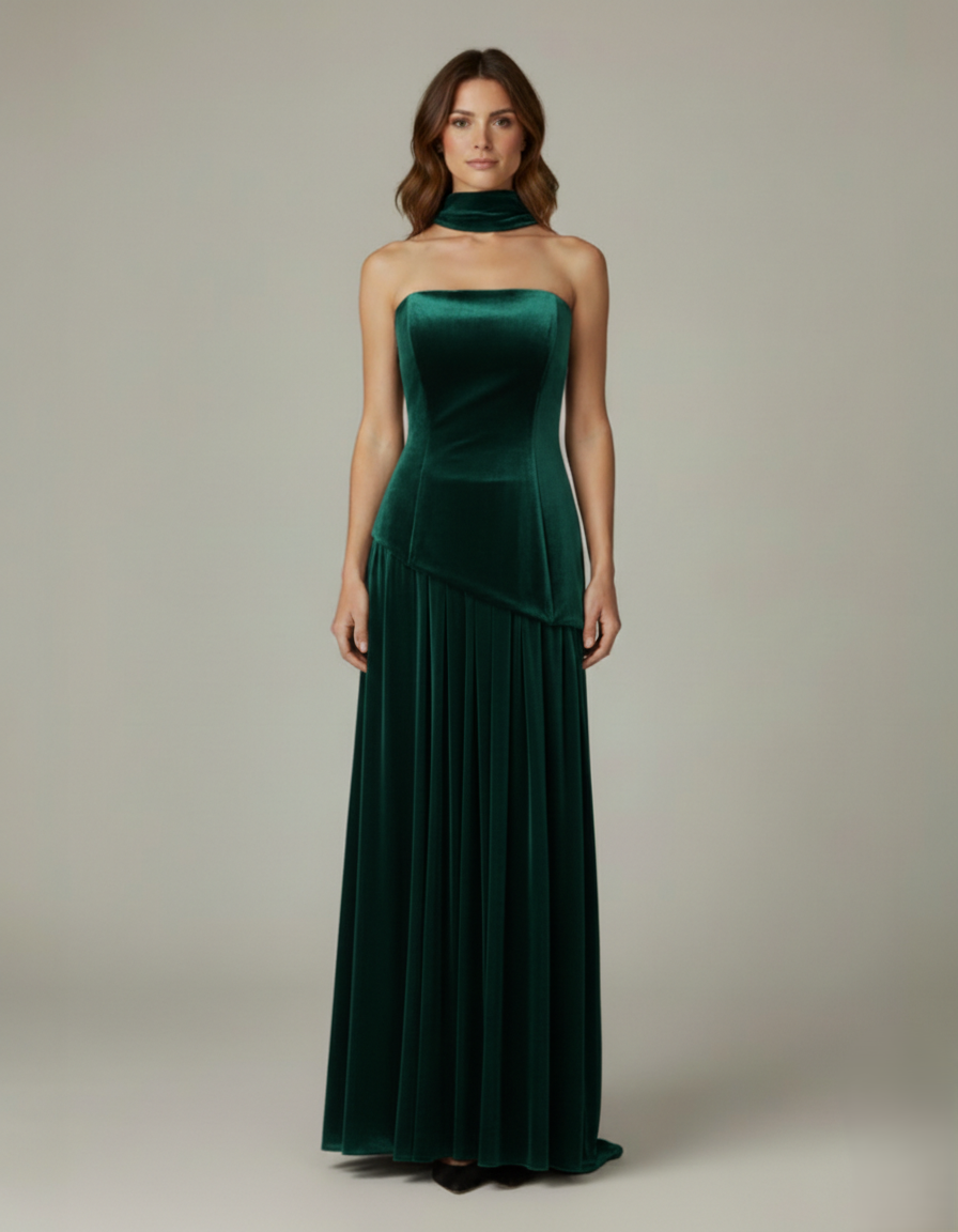 Langes Abendkleid aus Samt mit Halterneck E361