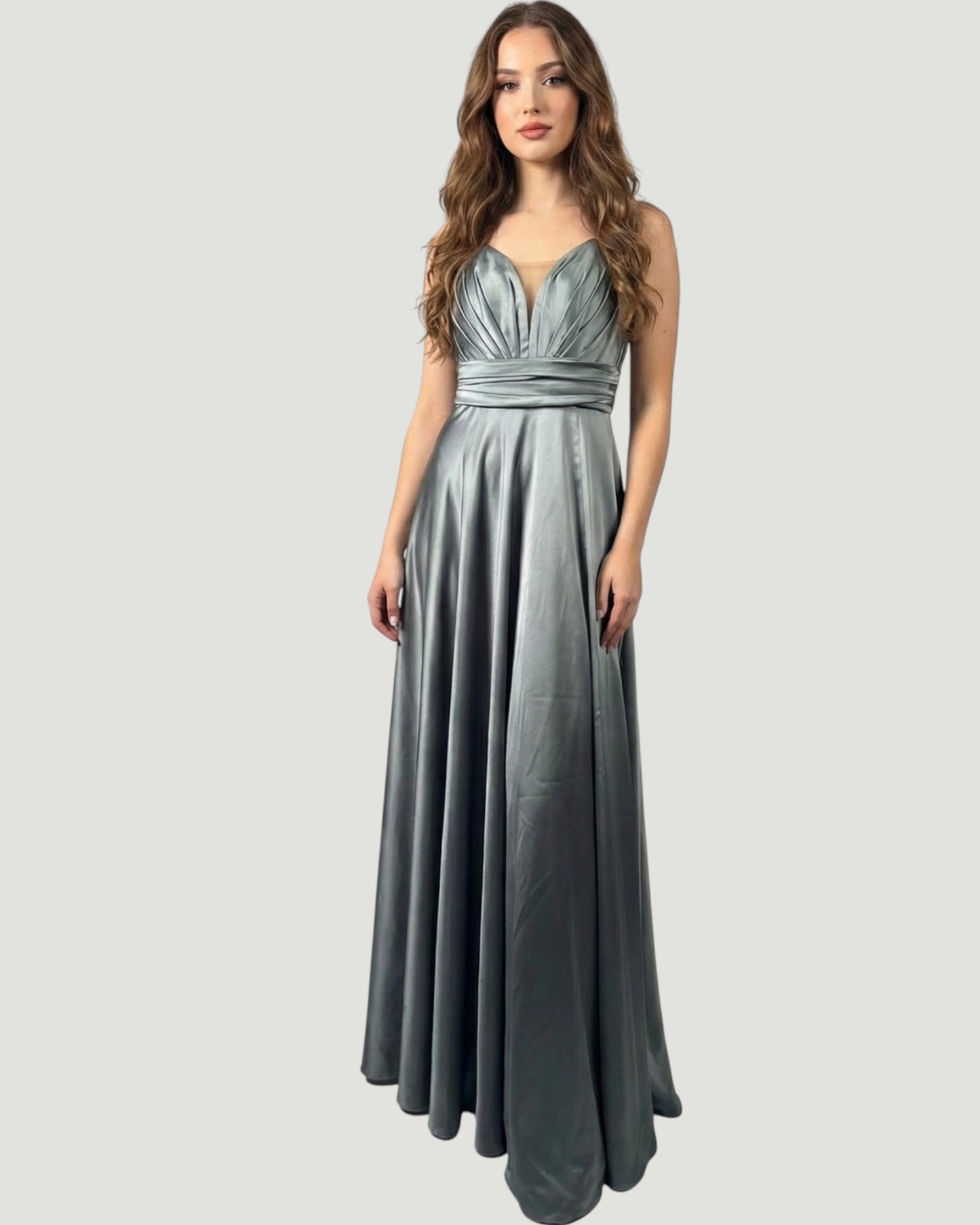 Elegantes Satin-Abendkleid mit V-Ausschnitt E293