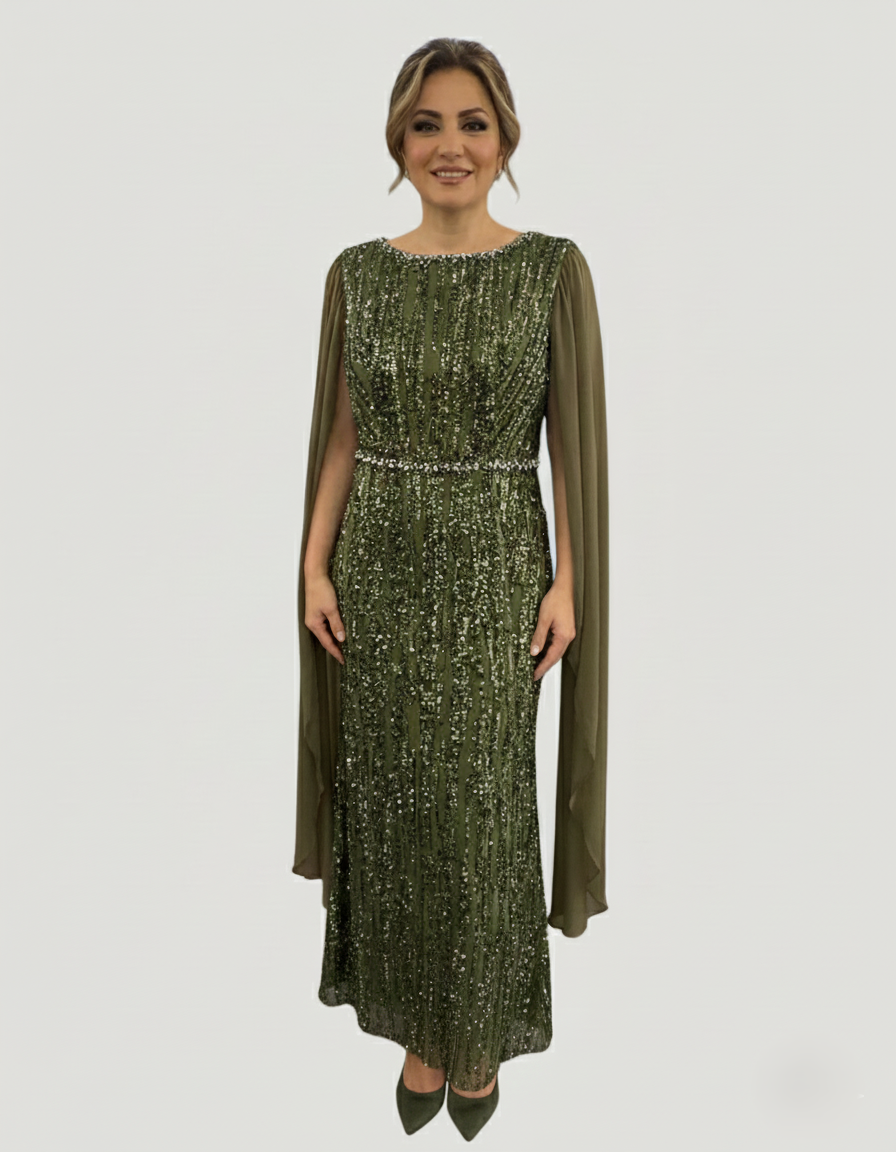 Langes Pailletten-Abendkleid mit Cape-Ärmeln  - E288