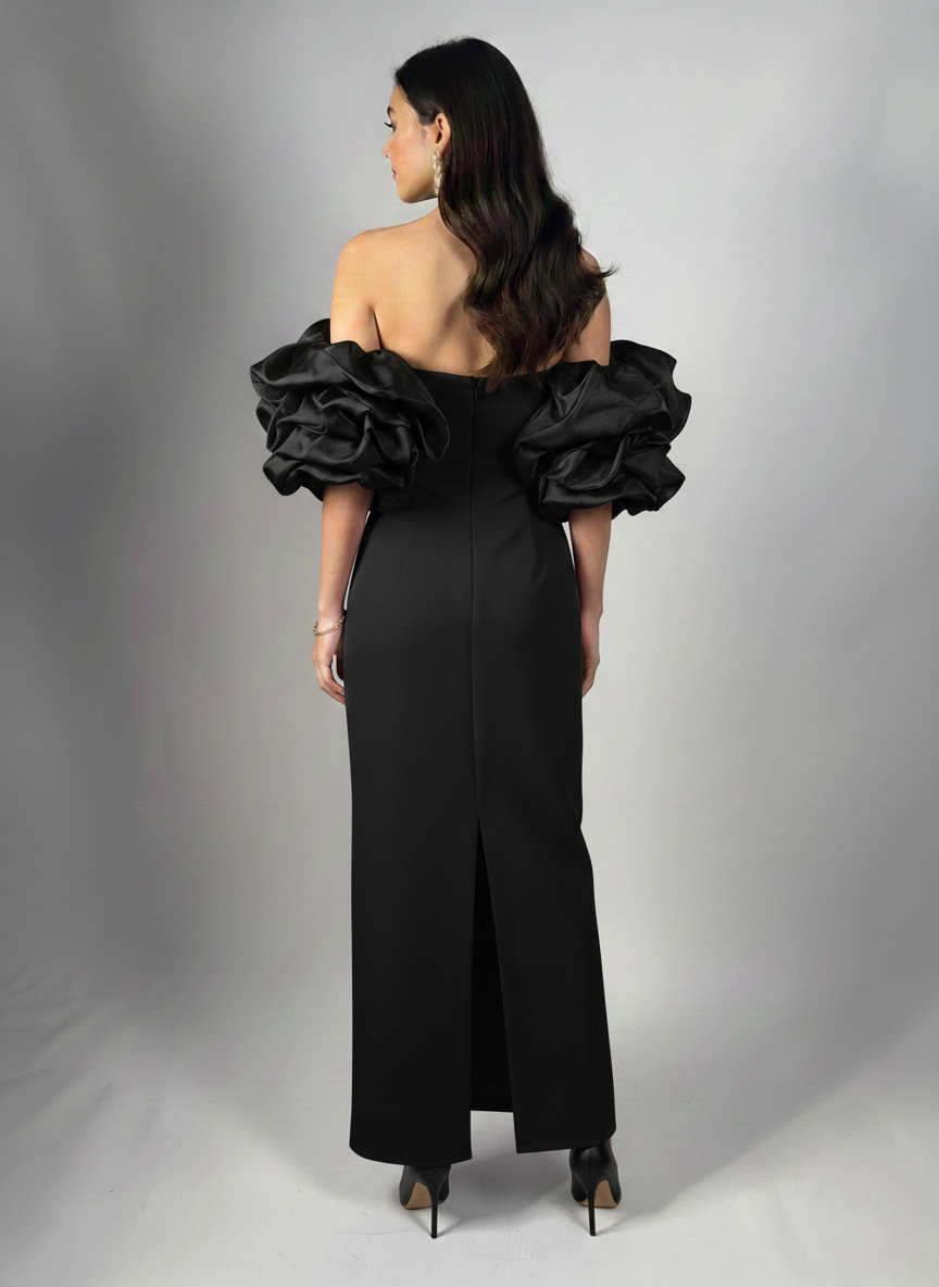 Schulterfreies Langes Abendkleid mit Puffärmeln E340