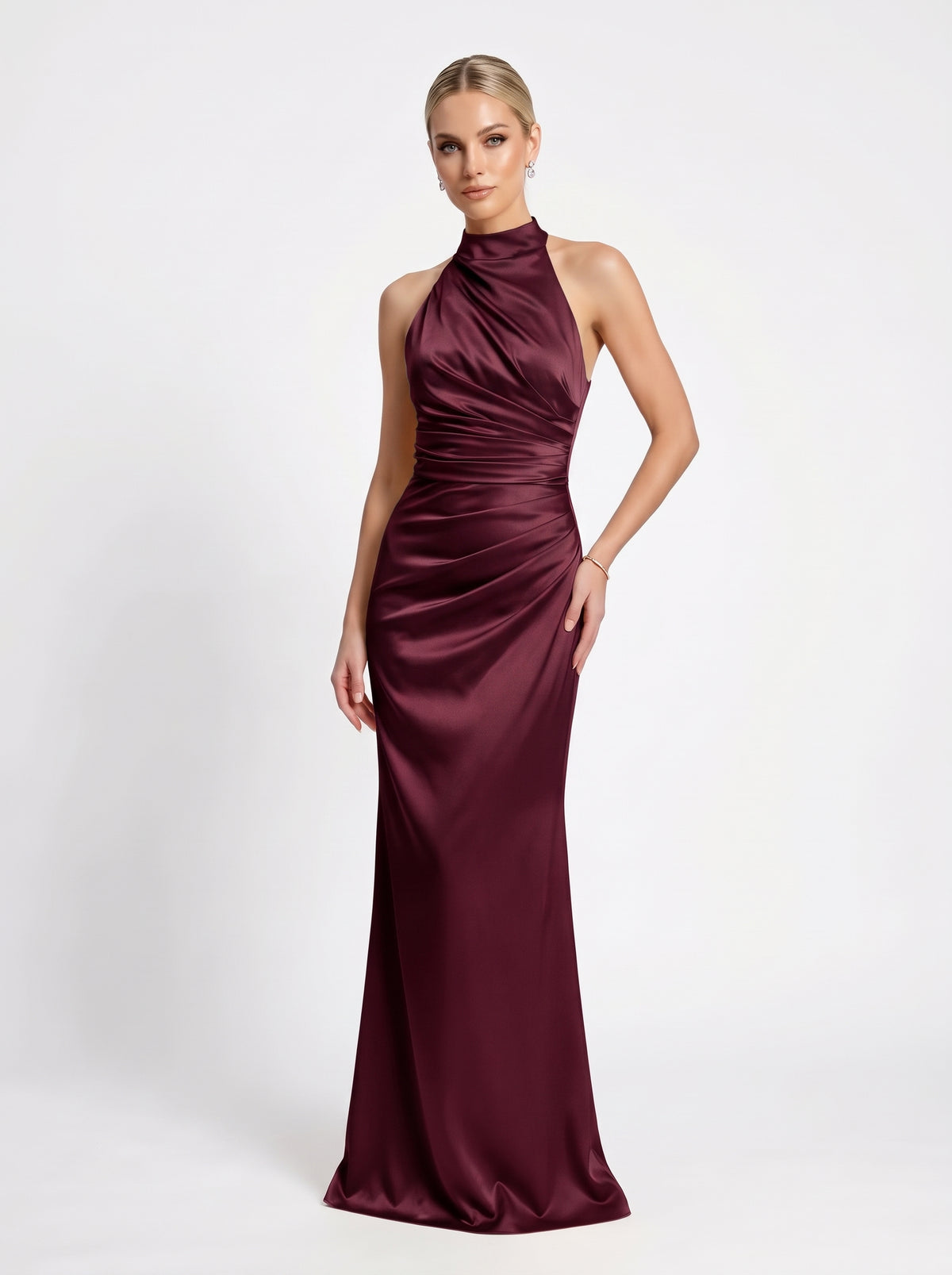Halter-neck style attached floor-length caElegantes Neckholder-Abendkleid aus Satin mit Drapierung in Marineblau Beschreibung e e426