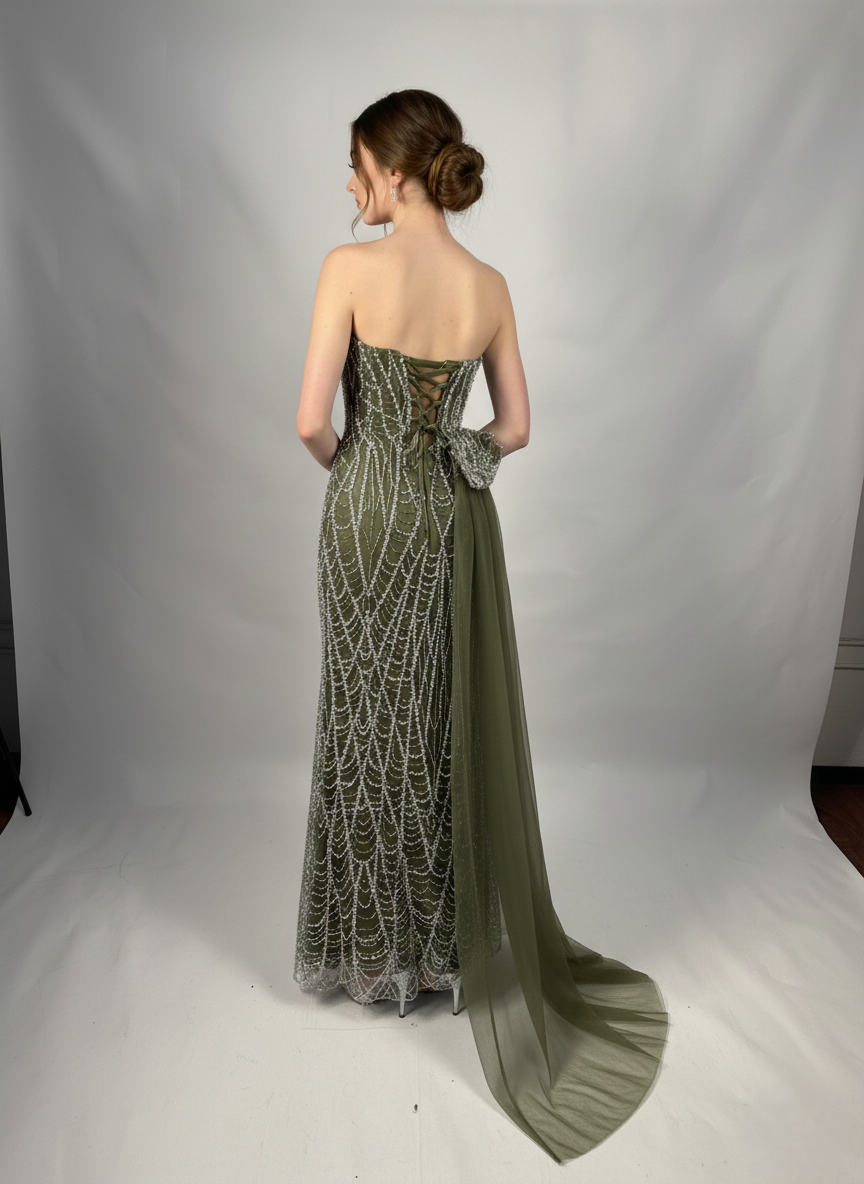 Verziertes Trägerloses Langes Abendkleid E341