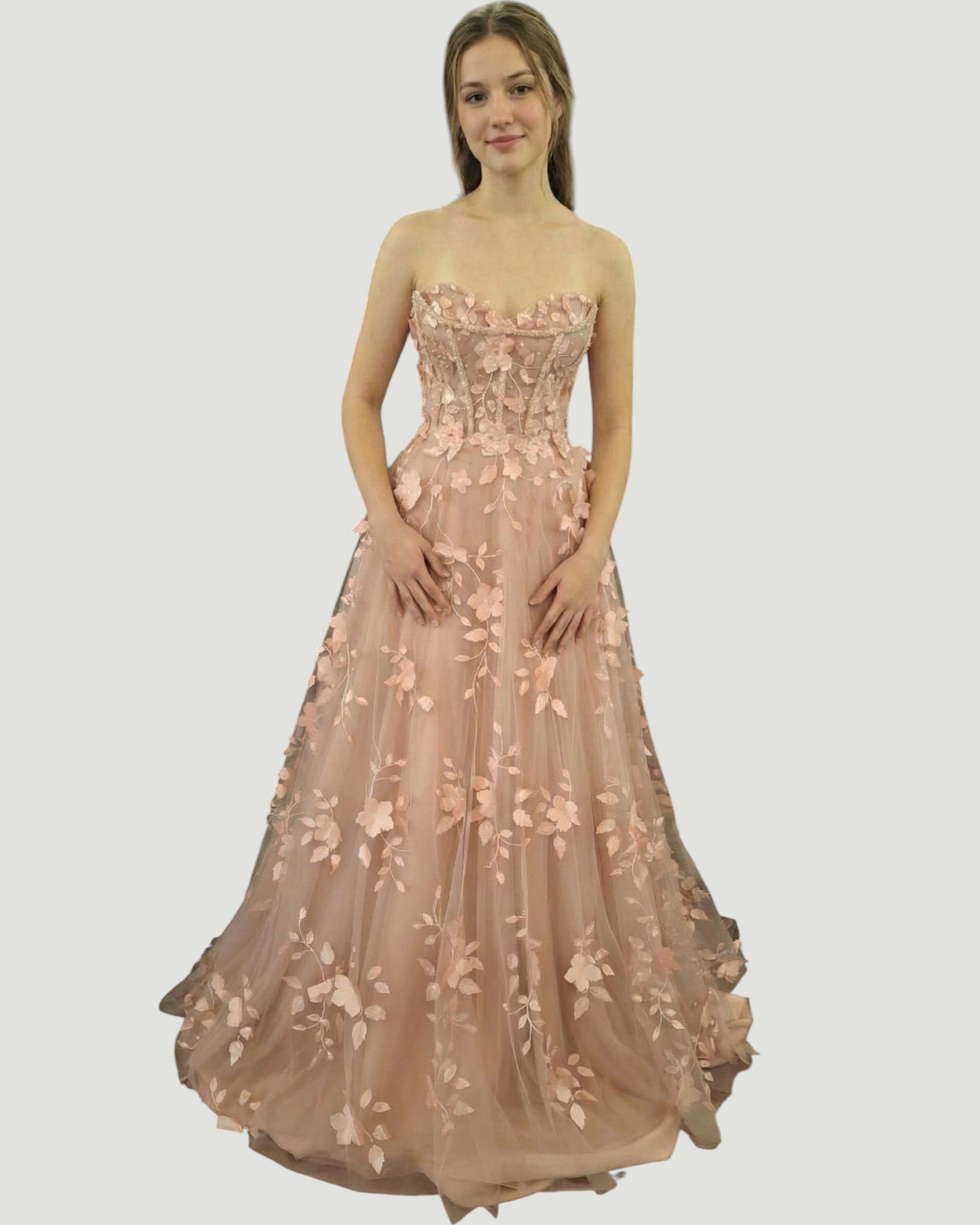Trägerloses Tüll-Abendkleid mit 3D-Blüten - E304