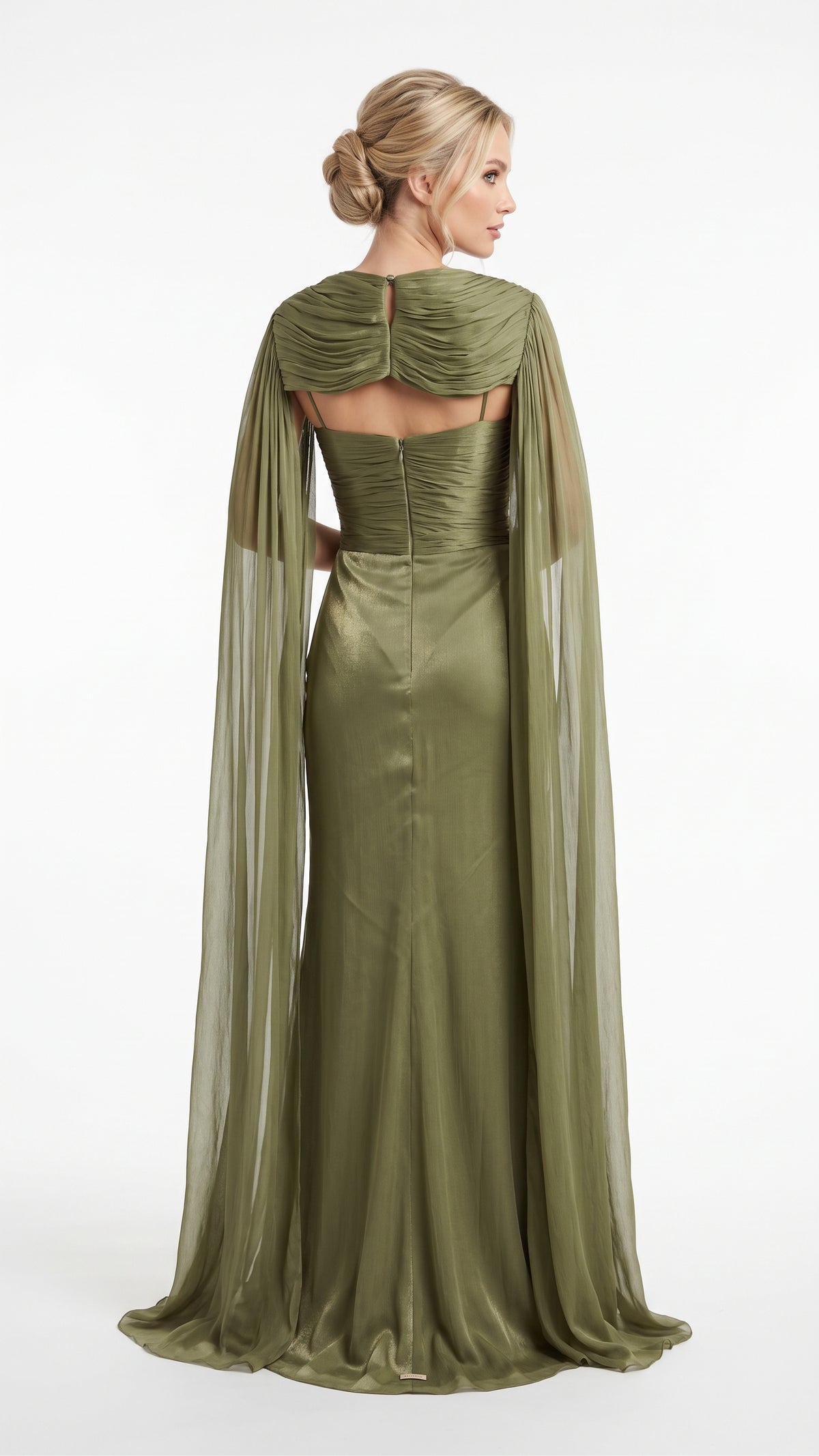 e: Elegantes Chiffon-Abendkleid in Khakigrün mit Paillettenkragen und Cape-Ärmeln Beschreibung: e422