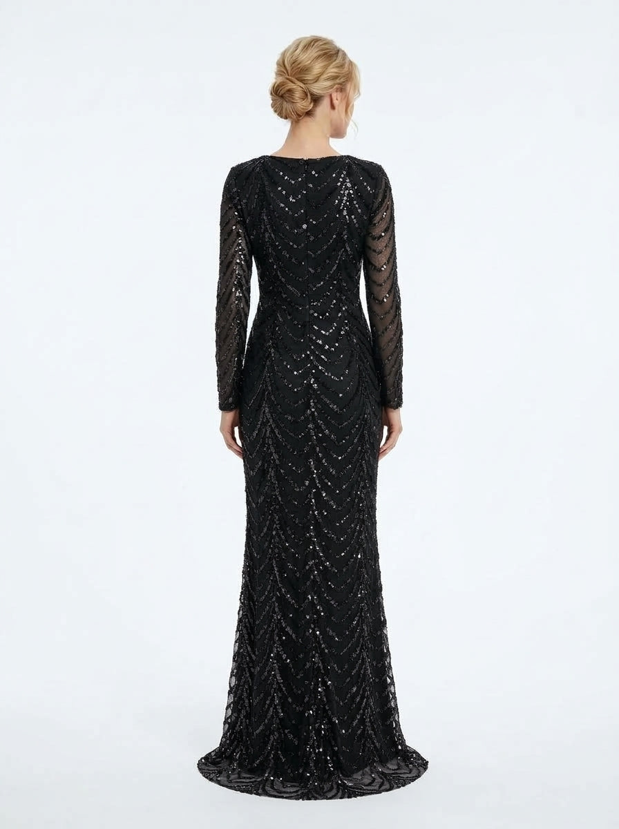 Langärmliges Abendkleid in Schokobraun mit geometrischem Paillettenmuster e428