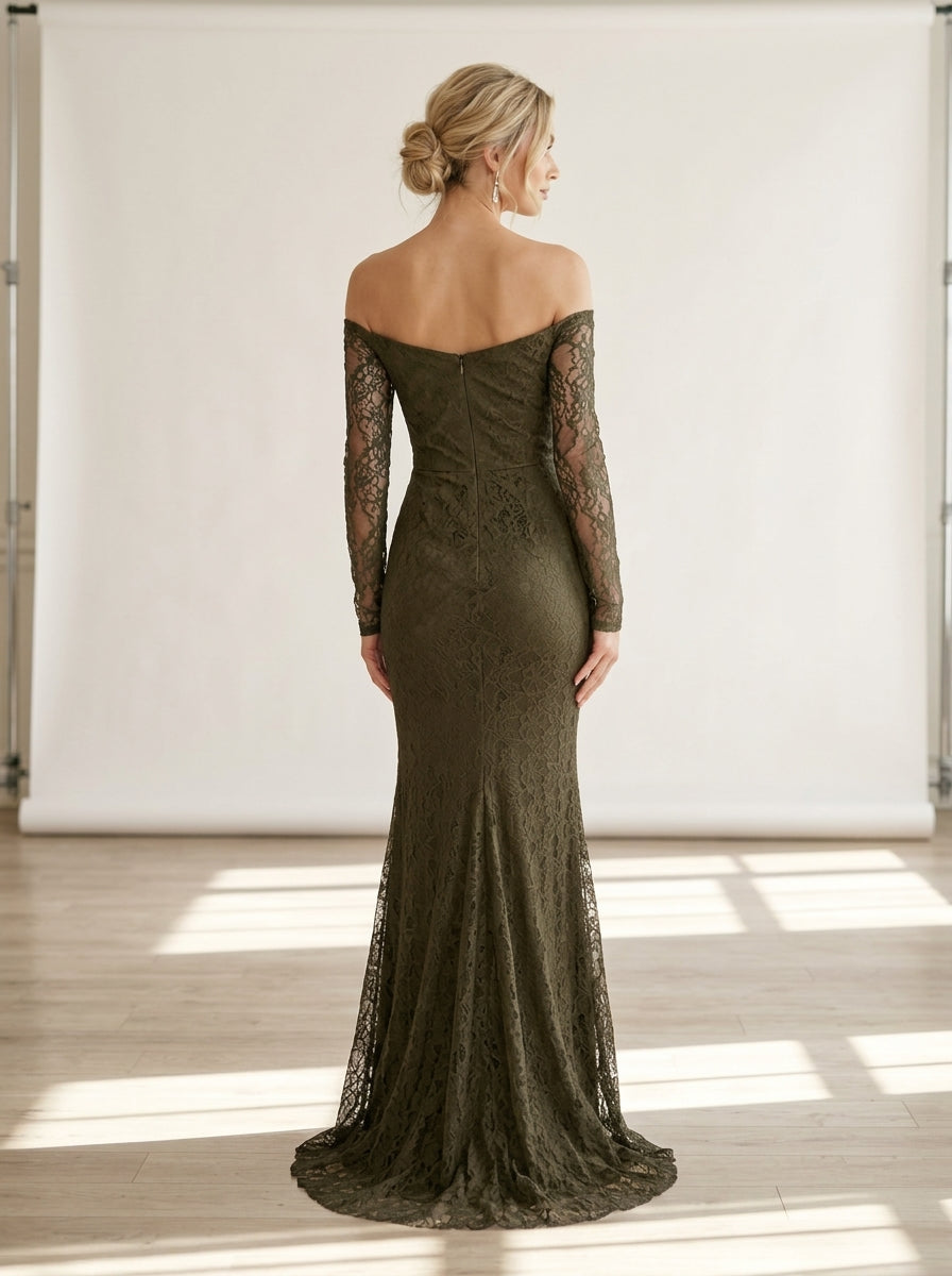 Schulterfreies Spitzen-Abendkleid in Schwarz mit Korsett-Detail und Raffung e432