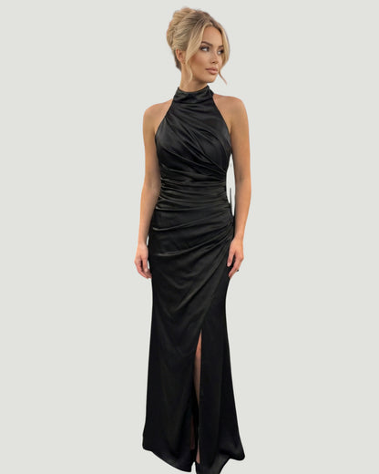 Drapiertes Satin-Kleid mit Neckholder - E277