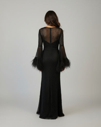 Glitzerndes Abendkleid mit Feder-Details - E251