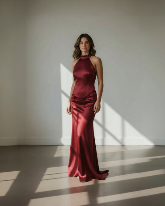 Ein zeitlos elegantes, bodenlanges Abendkleid aus glänzendem Satin-Stoff - E259