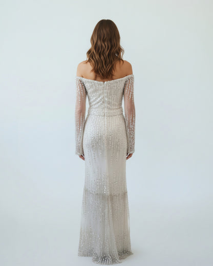 Bodyslanges Abendkleid mit Langarm und Paillettenbesatz - E269