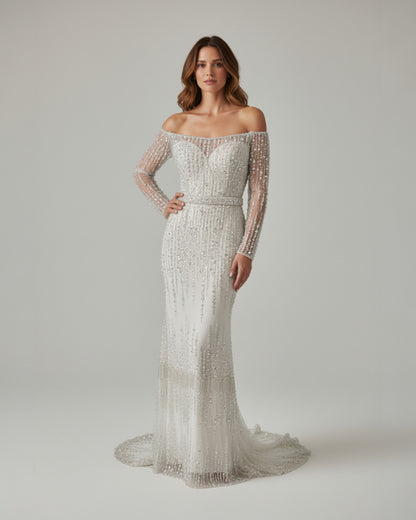 Bodyslanges Abendkleid mit Langarm und Paillettenbesatz - E269