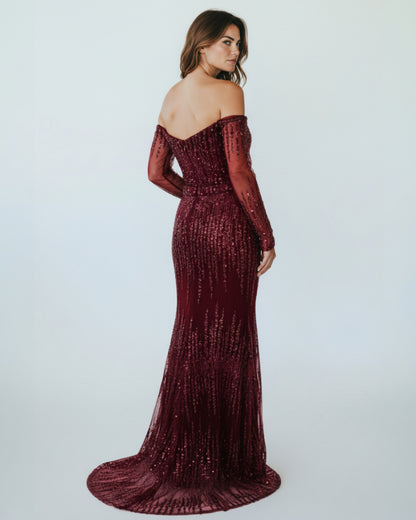 Bodyslanges Abendkleid mit Langarm und Paillettenbesatz - E269