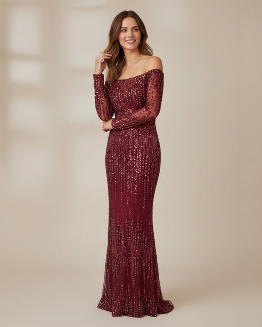 Bodyslanges Abendkleid mit Langarm und Paillettenbesatz - E269