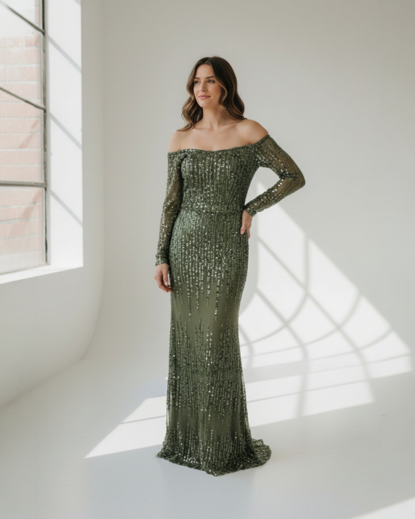 Bodyslanges Abendkleid mit Langarm und Paillettenbesatz - E269