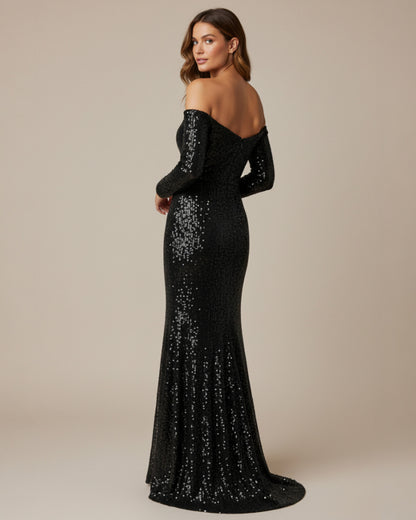 Bodyslanges Abendkleid mit Langarm und Paillettenbesatz - E269