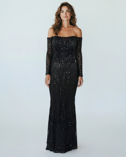 Bodyslanges Abendkleid mit Langarm und Paillettenbesatz - E269