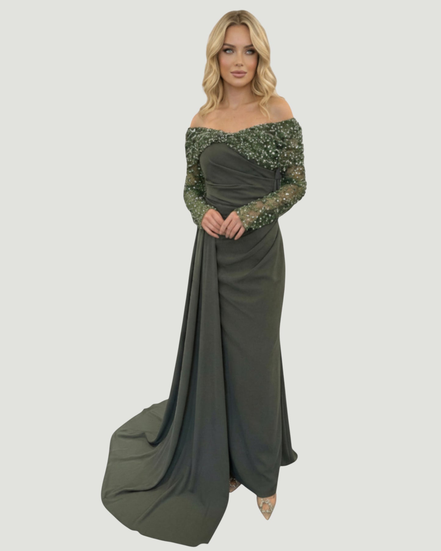 Schulterfreies Kleid mit Perlenbestickung - E270