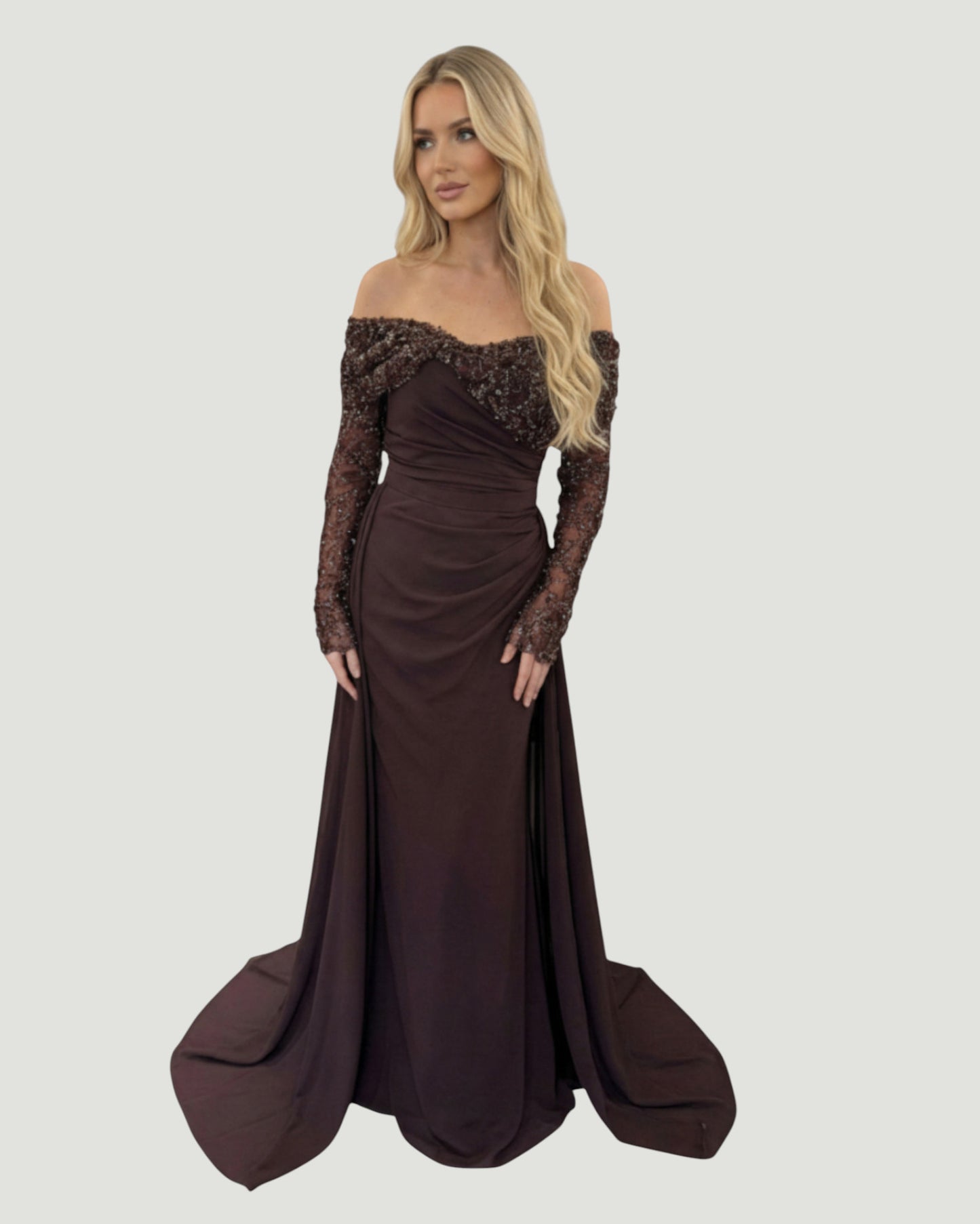 Schulterfreies Kleid mit Perlenbestickung - E270