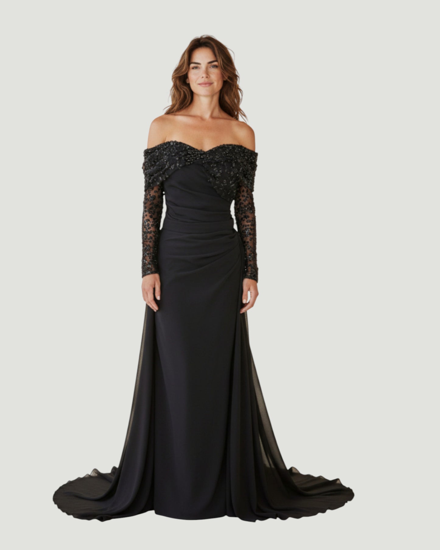 Schulterfreies Kleid mit Perlenbestickung - E270