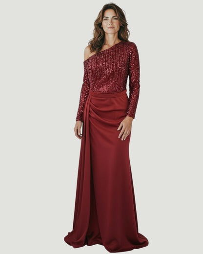 Ein-Schulter-Kleid mit besticktem Oberteil und Raffung - E276