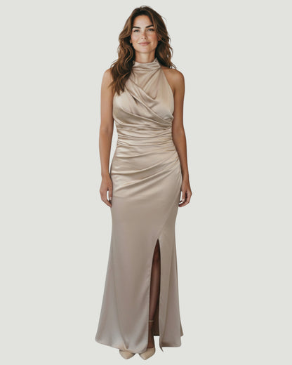Drapiertes Satin-Kleid mit Neckholder - E277