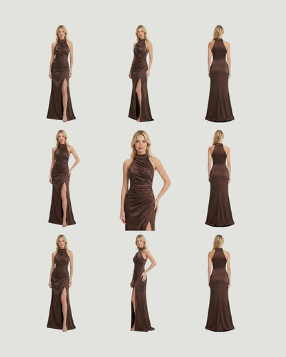 Drapiertes Satin-Kleid mit Neckholder - E277