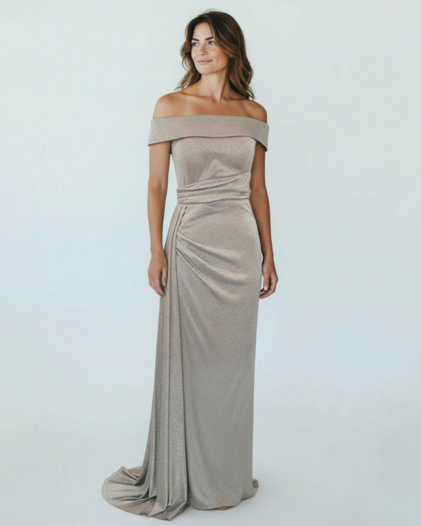 Glamouröses Off-Shoulder-Kleid mit Glitzerstoff und Raffung - E283