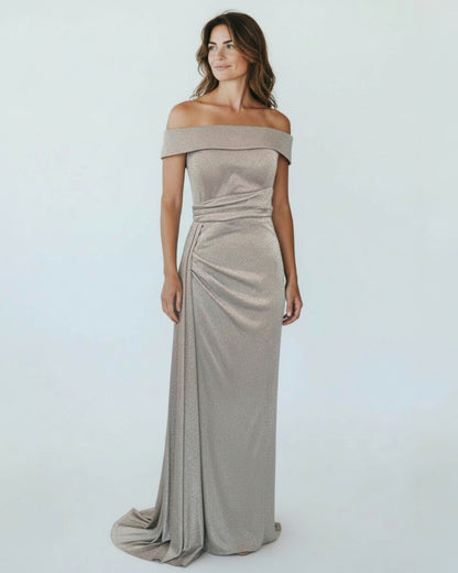 Glamouröses Off-Shoulder-Kleid mit Glitzerstoff und Raffung - E283