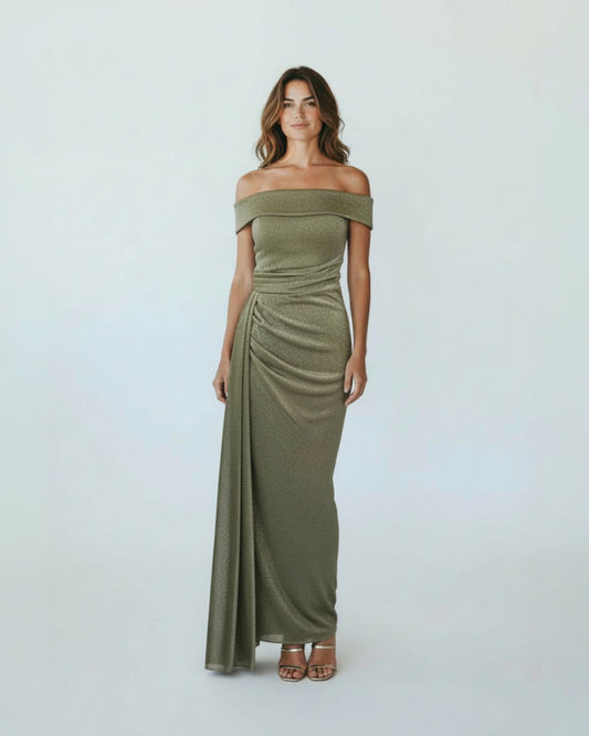 Glamouröses Off-Shoulder-Kleid mit Glitzerstoff und Raffung - E283