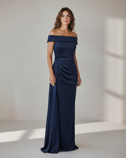 Glamouröses Off-Shoulder-Kleid mit Glitzerstoff und Raffung - E283