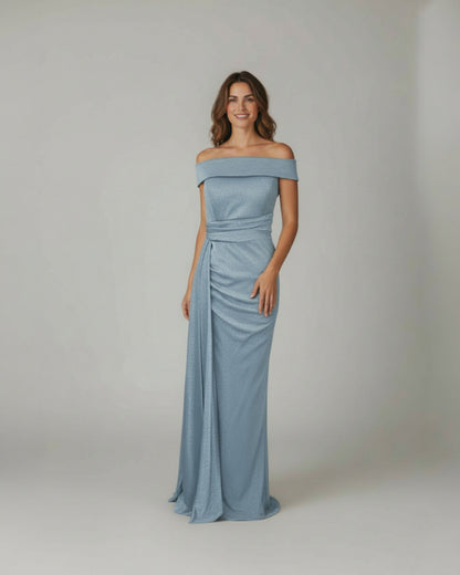 Glamouröses Off-Shoulder-Kleid mit Glitzerstoff und Raffung - E283