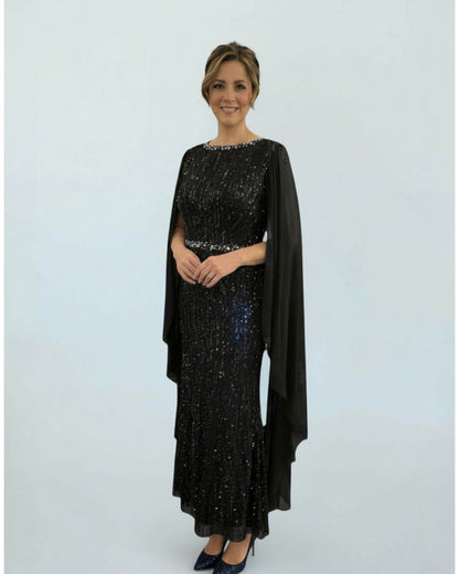 Langes Pailletten-Abendkleid mit Cape-Ärmeln&nbsp - E288