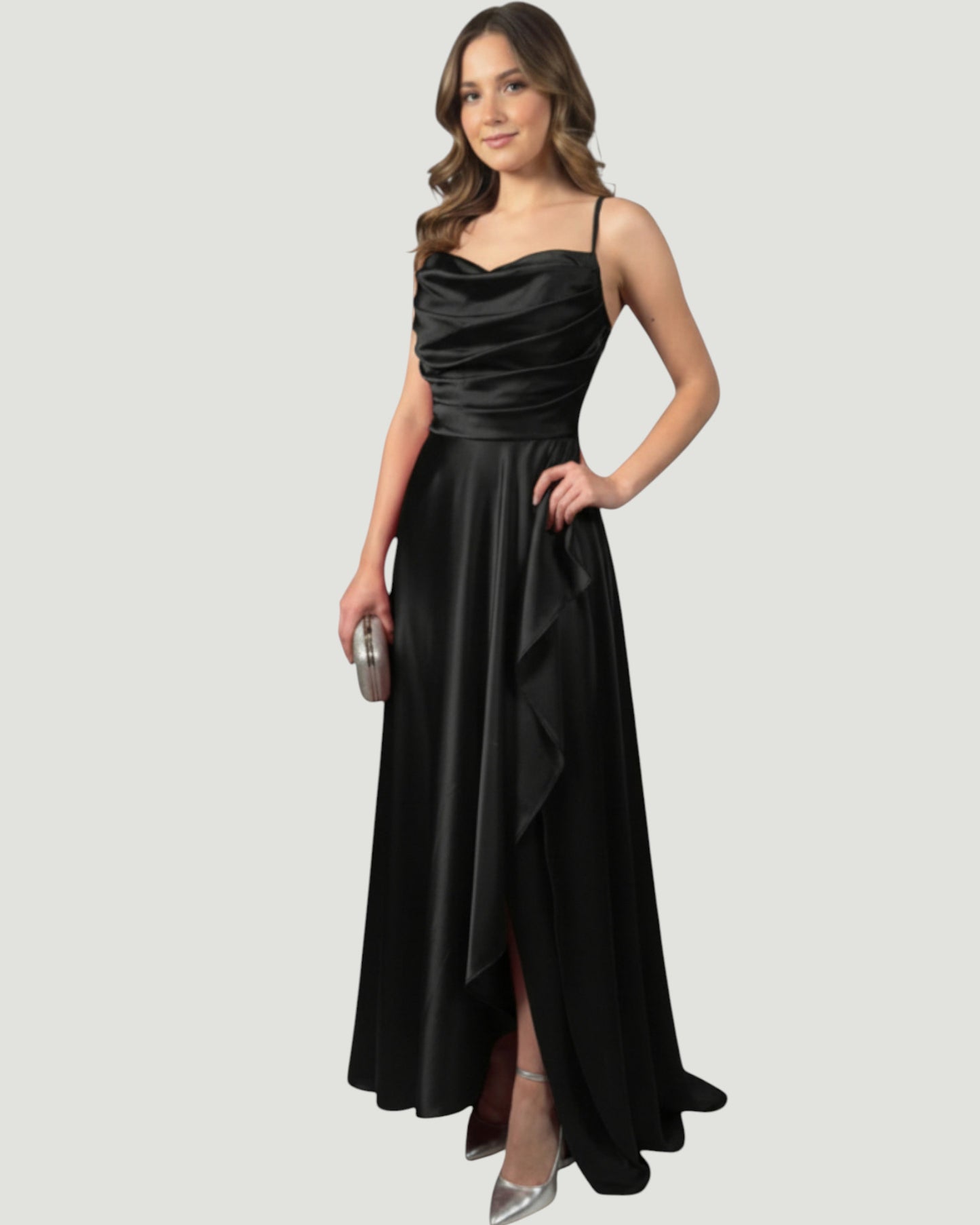 Satin-Abendkleid mit Wasserfall-Ausschnitt - E301