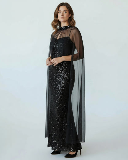 Elegantes Pailletten-Abendkleid mit Cape-Detail E313