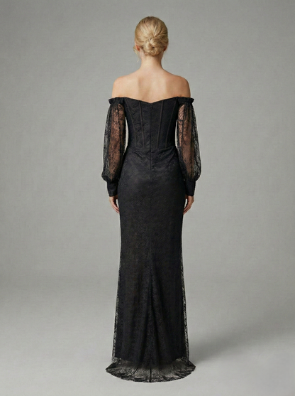 Schulterfreies langes Spitzenabendkleid E375