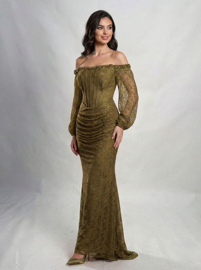 Schulterfreies langes Spitzenabendkleid E375