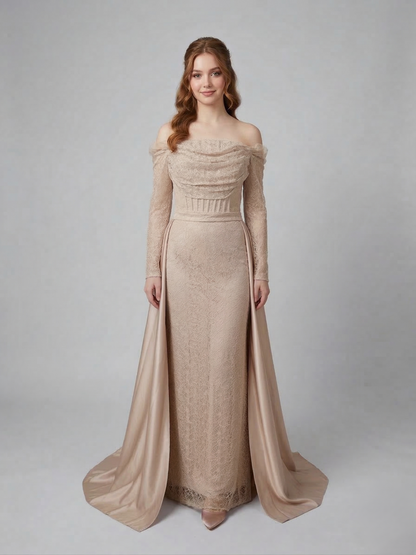 Schulterfreies Abendkleid mit Überrock E376