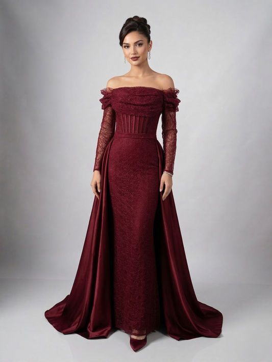 Schulterfreies Abendkleid mit Überrock E376