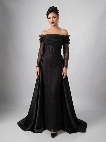 Schulterfreies Abendkleid mit Überrock E376