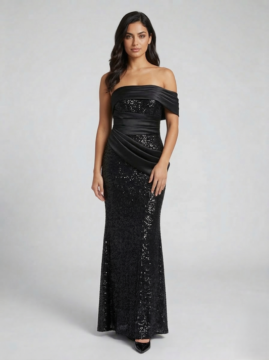 Schulterfreies Pailletten-Abendkleid E377