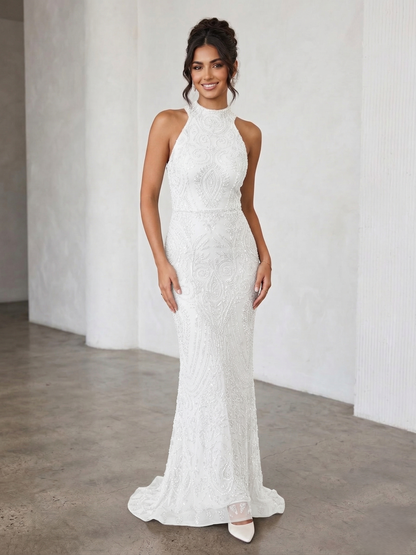 Ärmelloses Spitzenabendkleid mit Stehkragen e379