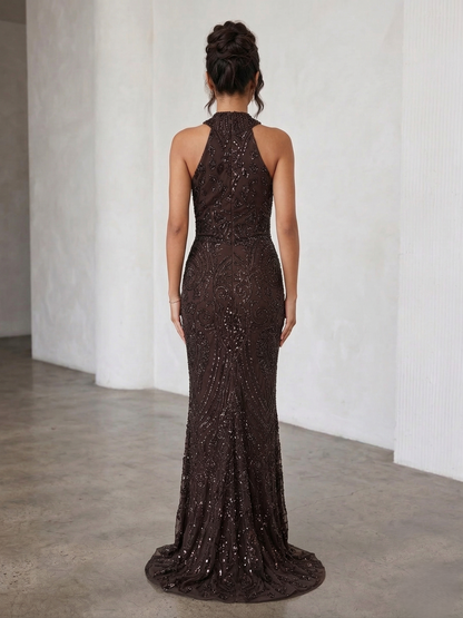 Ärmelloses Spitzenabendkleid mit Stehkragen e379