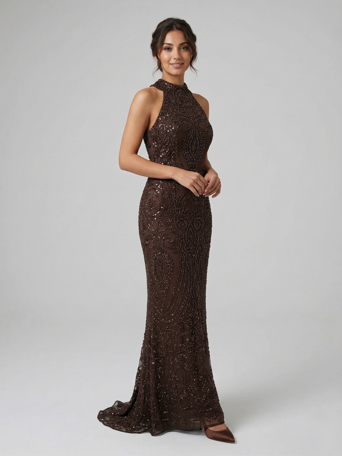 Ärmelloses Spitzenabendkleid mit Stehkragen e379