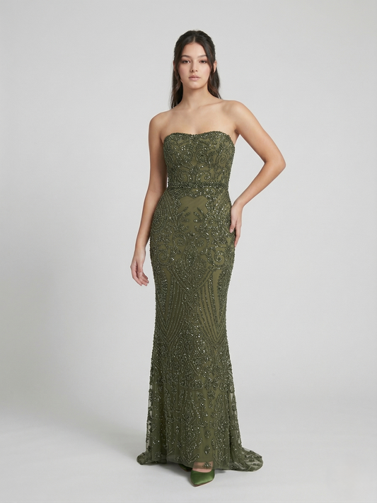 Trägerloses Spitzenabendkleid e380