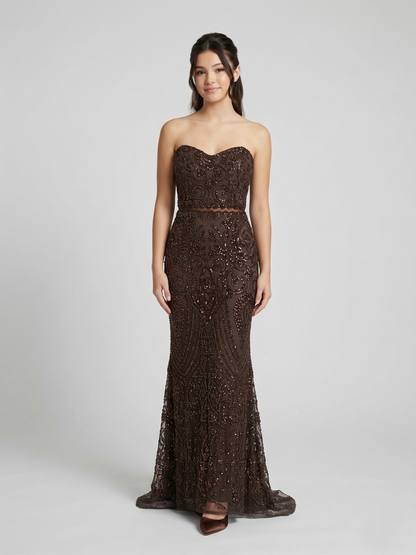 Trägerloses Spitzenabendkleid e380