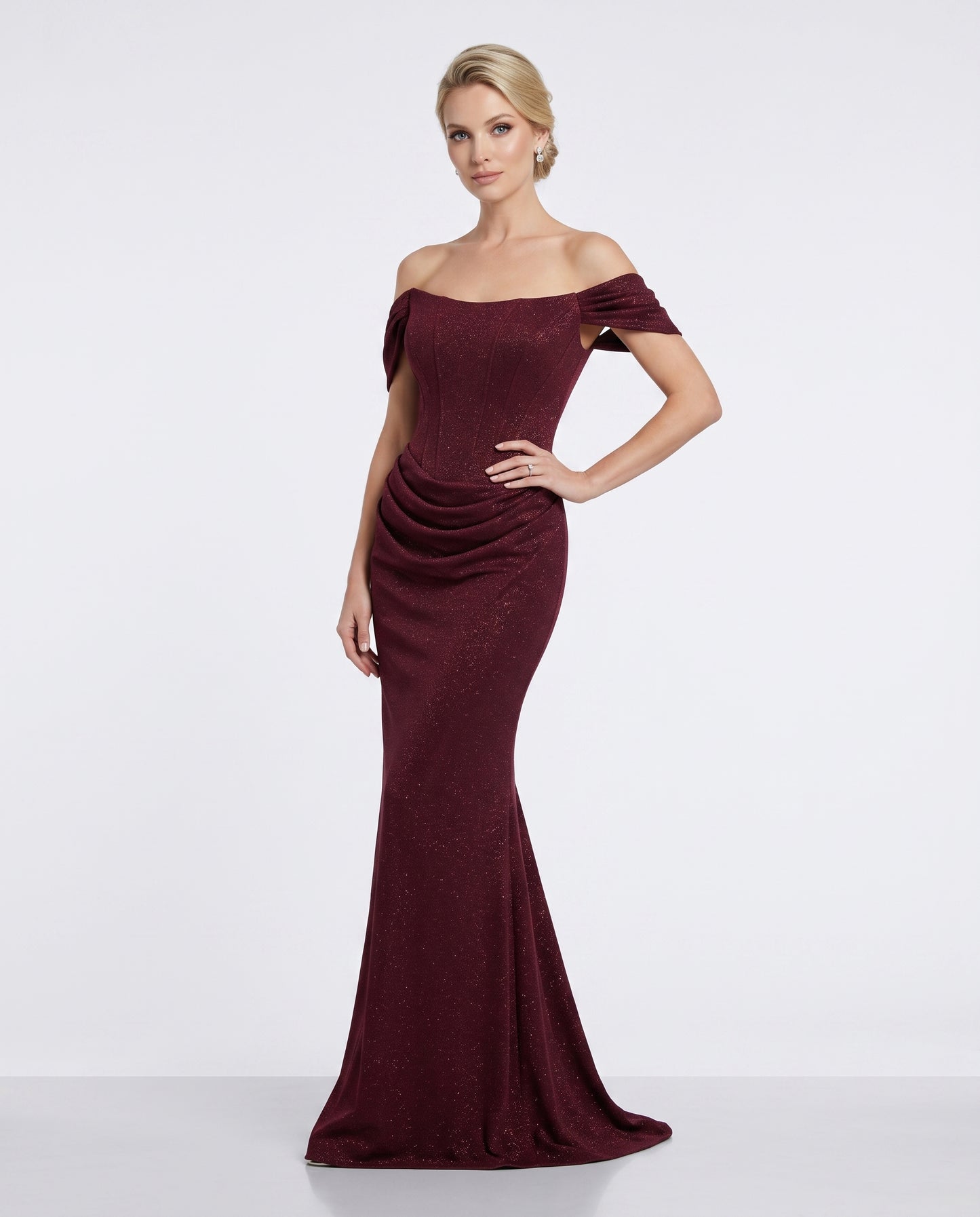 Schulterfreies Korsett-Abendkleid mit Drapierung in Roségold Beschreibung: e408