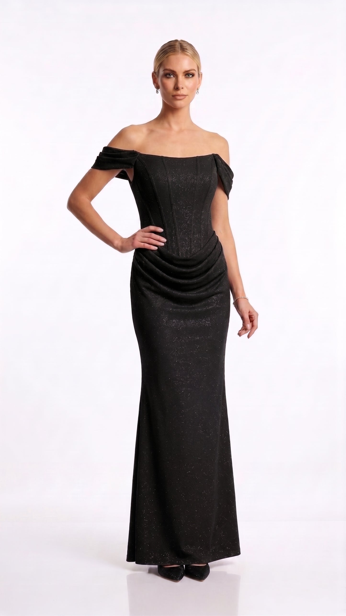 Schulterfreies Korsett-Abendkleid mit Drapierung in Roségold Beschreibung: e408