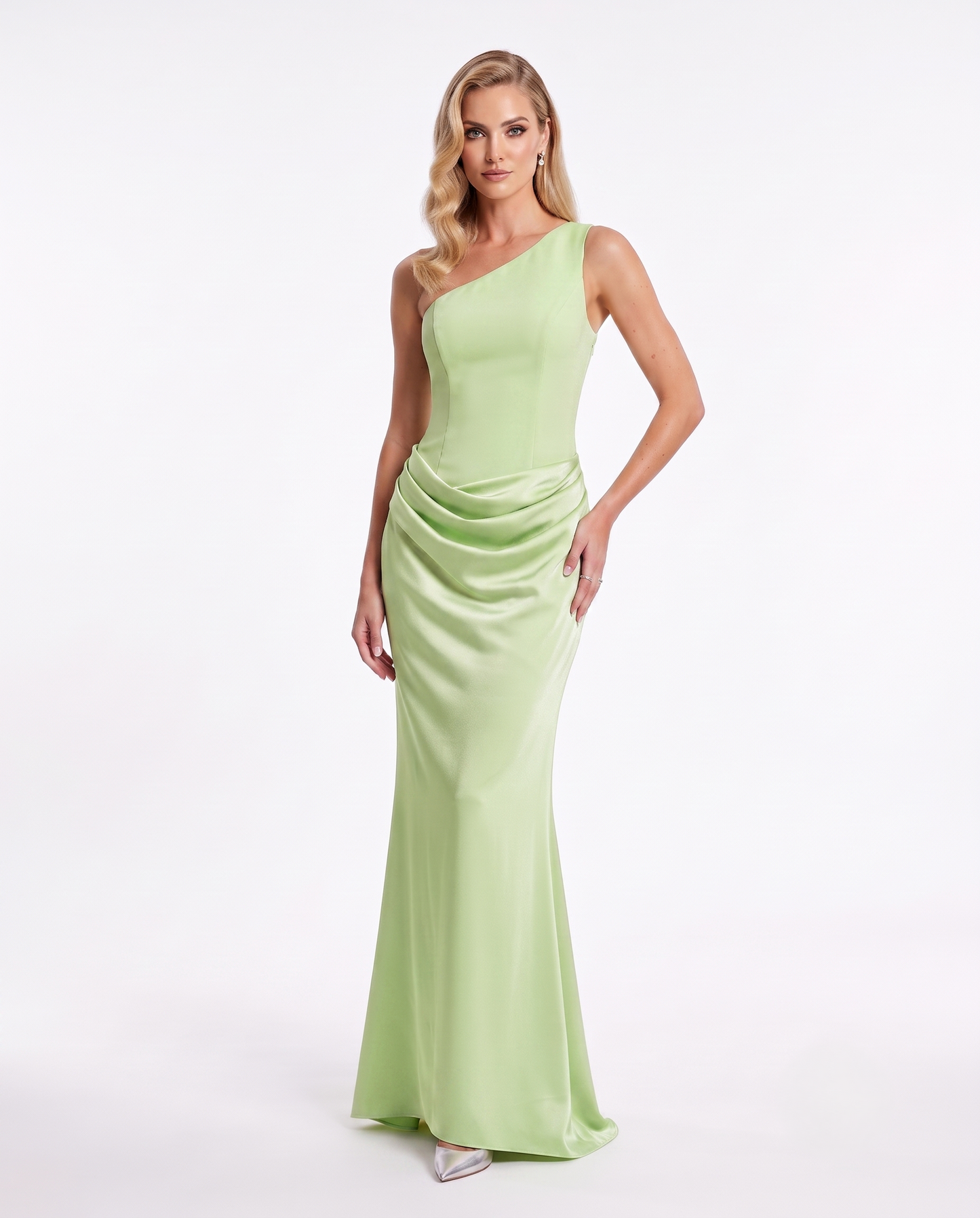 One-Shoulder Satinabendkleid mit Drapierung e387