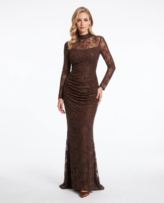 Langärmliges Spitzen-Abendkleid mit Raffung in Schokobraun Beschreibung: e405