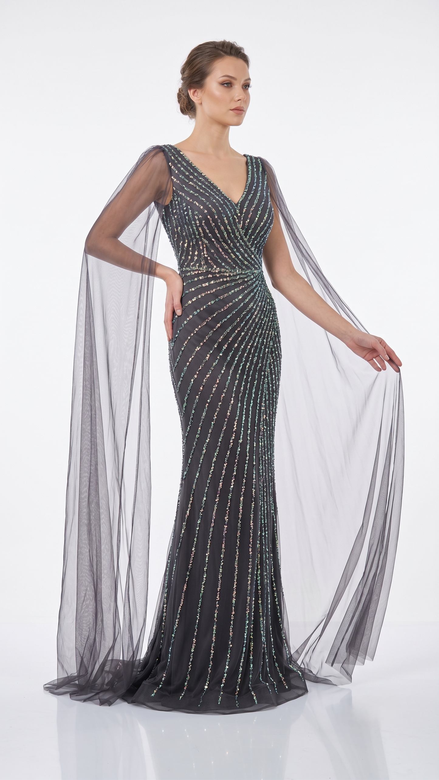 Pailletten-Abendkleid mit Cape-Ärmeln E307